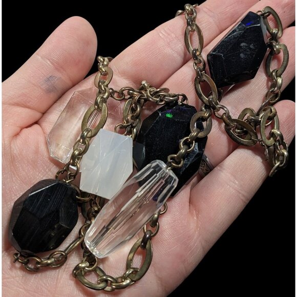 Chunky Black And Clear Gemmed Necklace With Gold Tone Chain - Picture 3 of 6